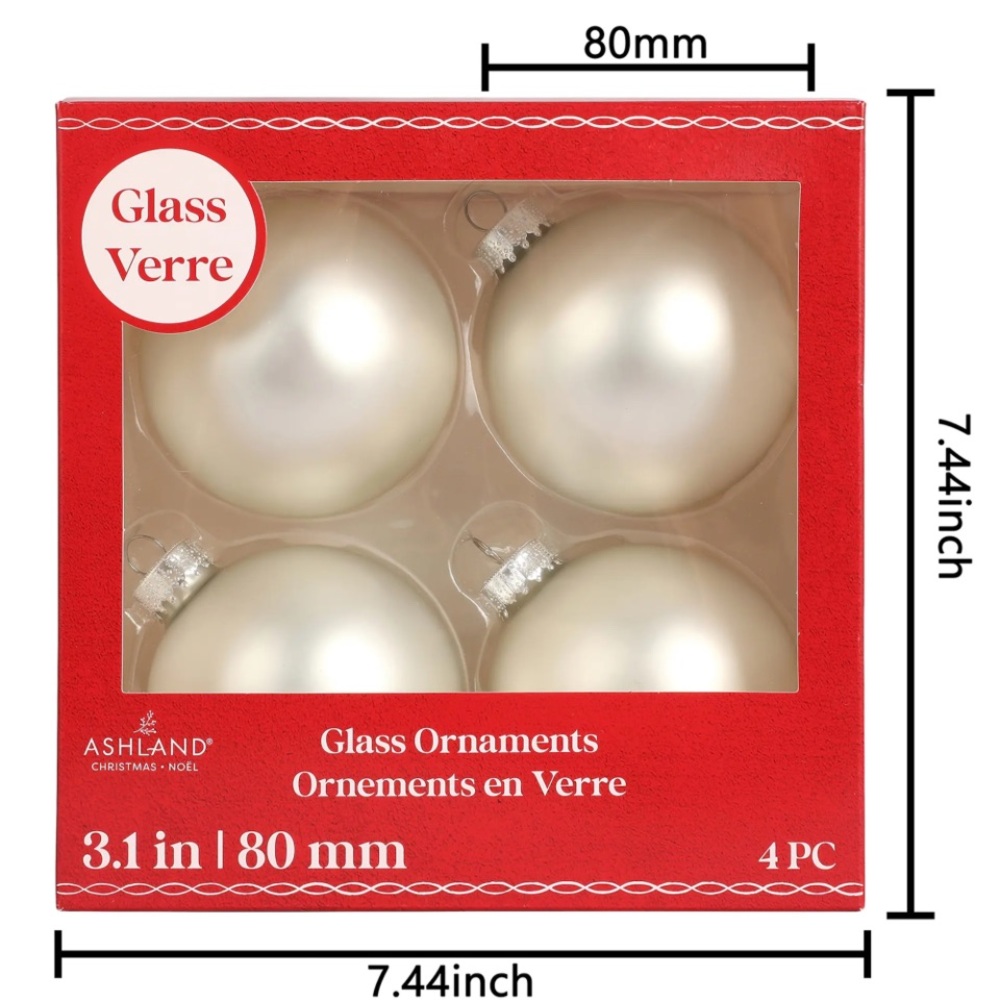 Ashland Pearl White Glass Holiday Ornaments - 4 Pack Shiny Finish 3.1 in